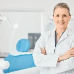 Dentist smiling in clinic showing professional dental service in Madrid